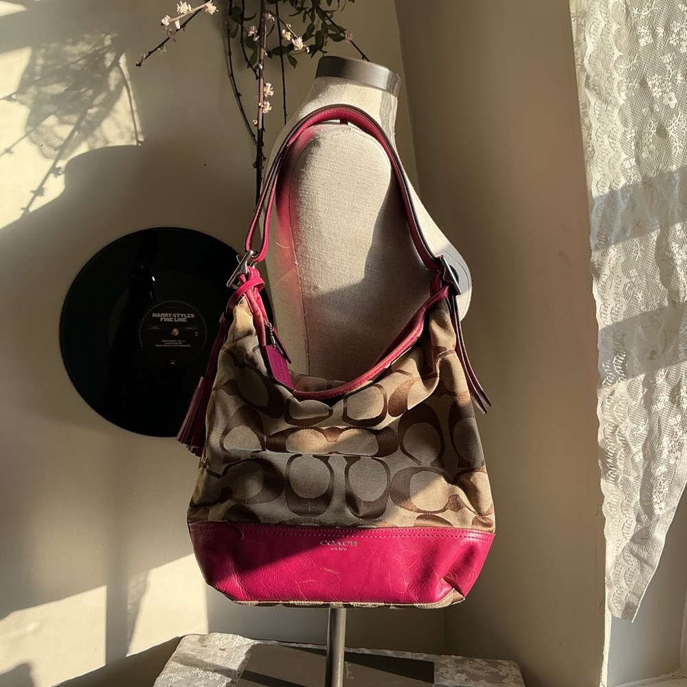 Coach Canvas Hobo Bag with Hot Pink Leather Trim Vintage Coach Signature